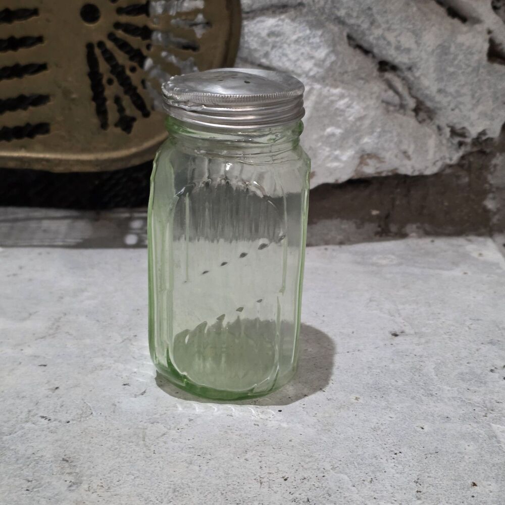 Anchor Hocking 5” Depression Glass Ribbed Uranium Hoosier Salt & Pepper Shakers